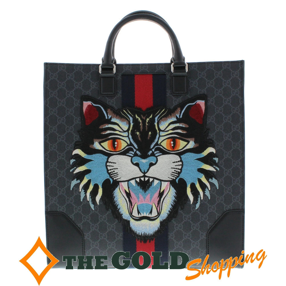 Gucci Angry Cat GG Supreme Canvas Business The Shopping Tote Bag Gold